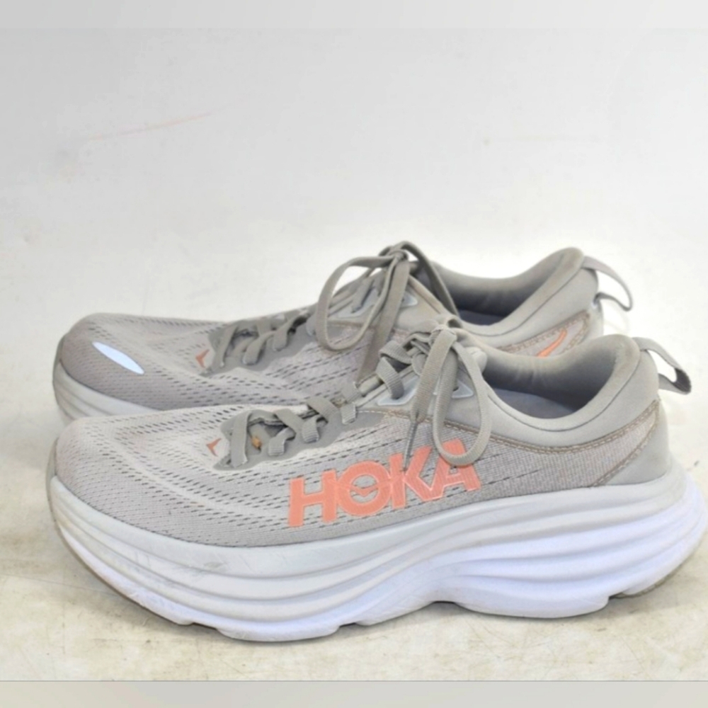 Hoka Bondi 8 Gray and Pink Running Sneakers 8B